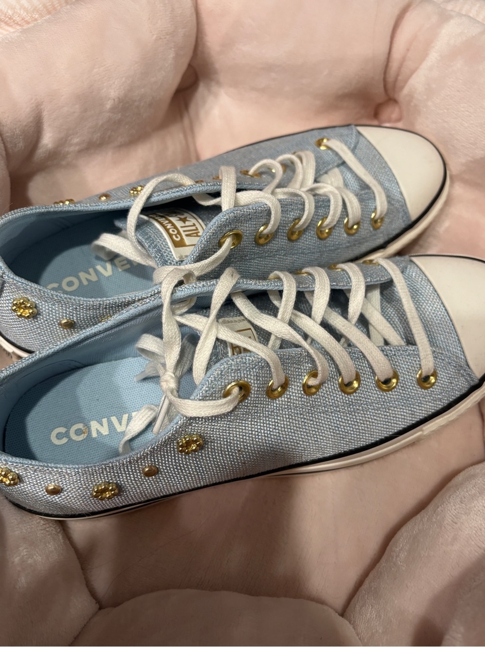 Converse Low Top Sneakers in Light Blue with Gold Accents